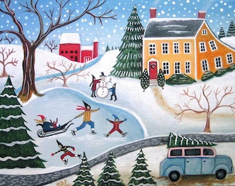Country FOLK ART PRINT - Snowy Winter Landscape-primitive painting print- Blue Car Christmas- signed Wendy Presseisen