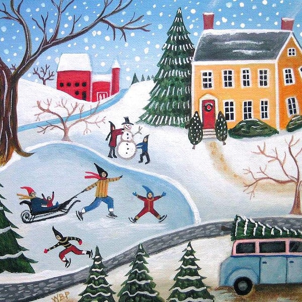 Country FOLK ART PRINT - Snowy Winter Landscape-primitive painting print- Blue Car Christmas- signed Wendy Presseisen