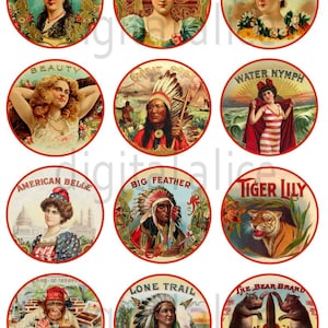 VINTAGE CIGAR BOX Labels Craft Circles -- Old Cigar Labels Instant Download Digital Printable-  -Bottlecaps ,stickers,hair bows -  DiY Print