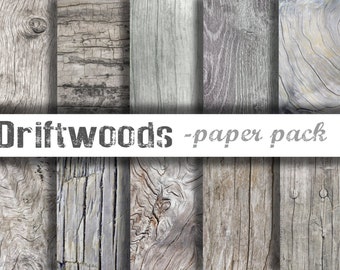 DRIFTWOOD TEXTURES Paper Pack- Digital Papers - 10 Rugged Worn Drift Wood Finishes, Weathered Beach Wood,Instant Printable Download