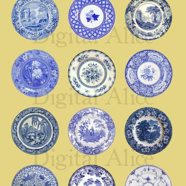 ANTIQUE BLUE PLATES Craft Circles  -Instant Download Digital Printable-  -Bottlecaps Collage Sheet - 4 sizes - DiY Print as many as you like