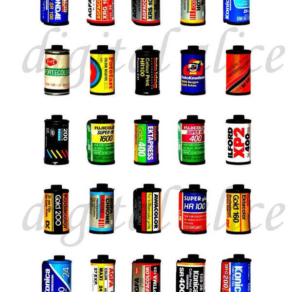 FILM CANS CANISTER Chart Print Poster - Digital Download - Printable Collage Sheet - Kodak, Fuji,IIlford,Agfa,Scotch - Camera Films