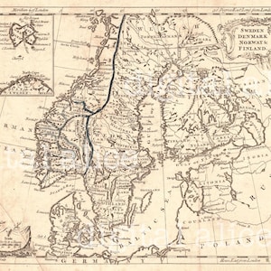 Kleurrijke VINTAGE SCANDINAVIË KAART -Instant Download Digitaal Afdrukbaar- Zweden, Noorwegen, Denemarken, Finland- DiY Print 2 formaten