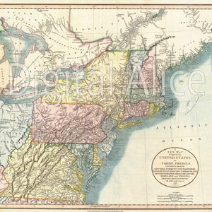 May include: A vintage map of the United States of North America, showing the states of New York, Vermont, New Hampshire, Pennsylvania, New Jersey, Delaware, Maryland, and Virginia. The map is printed on paper and has a light blue, yellow, pink, and green color scheme.