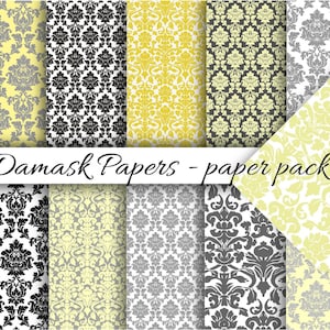 Elegant DAMASK PAPERS - Digital Paper Pack - 11 Luxurious Grey and Yellow Damask Patterned Papers,Instant Download Digital Printable