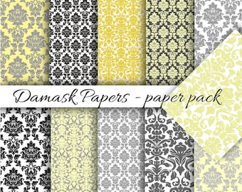 Elegant DAMASK PAPERS - Digital Paper Pack - 11 Luxurious Grey and Yellow Damask Patterned Papers,Instant Download Digital Printable