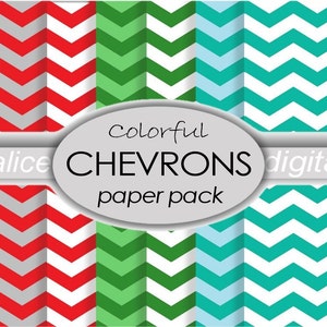 May include: A digital paper pack with six different chevron patterns. The patterns are red and white, green and white, blue and white, and teal and white. The text "Colorful CHEVRONS paper pack" is in the center of the image.