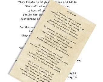 Vintage TYPEWRITER PRINT POEM -Daffodils - I wandered lonely as a cloud - Wordsworth Printable Download