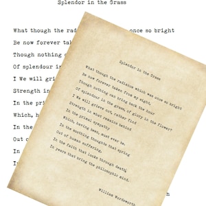 VINTAGE TYPEWRITER PRINT Splendor In The Grass - William Wordsworth- Printable Download