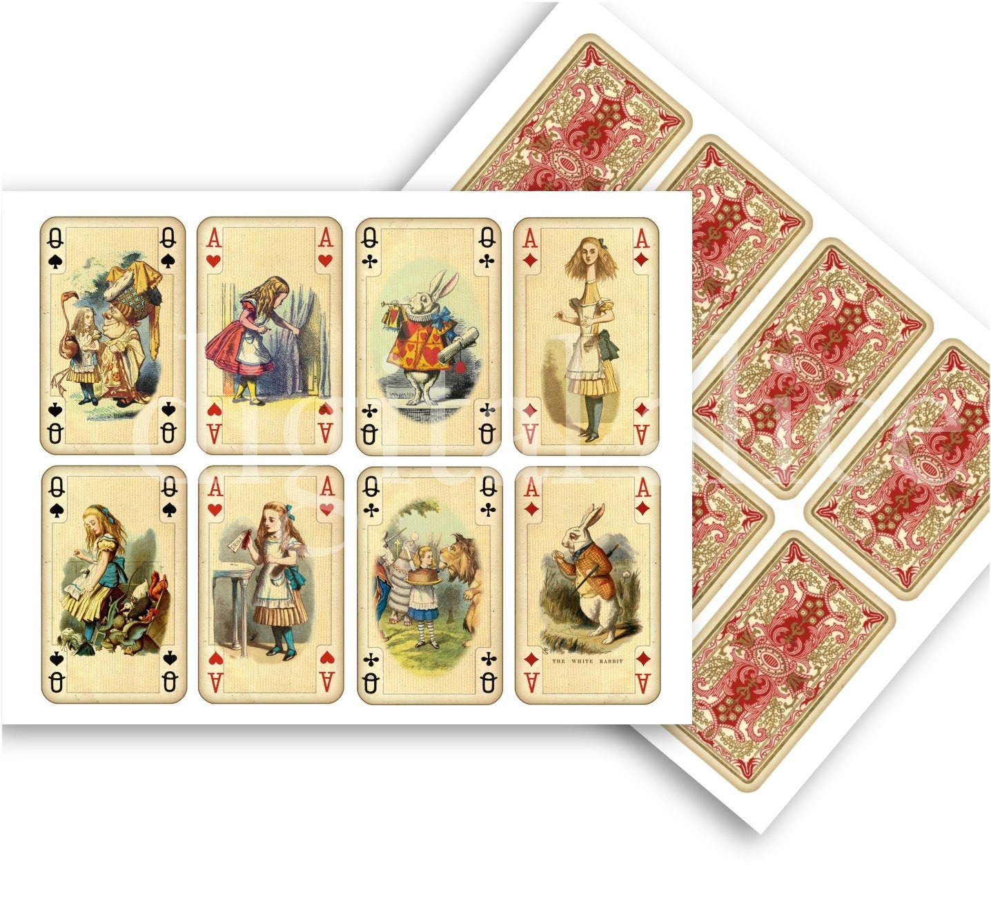 ALICE in WONDERLAND CARDS - Instant Download Paper Crafts Cards - fronts and backs -decoupage,craft squares