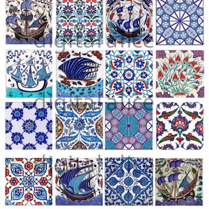 May include: A set of 12 square ceramic tiles featuring intricate blue, white and red patterns. The tiles depict floral designs, geometric shapes and ships.