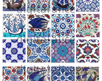 ANTIQUE IZNIK TILES - Instant Download Paper Crafts collage sheet - blue and white Antique Turkish tiles -decoupage,craft squares