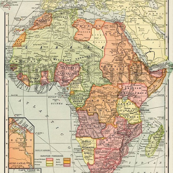 Vintage MAP OF AFRICA - Instant Download Digitaal Afdrukbaar- Oude Antieke Afrikaanse Kaart 2 maten