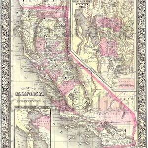 VINTAGE CALIFORNIA MAP 1866 -Instant Download Digital Printable- West Coast Map - 8 x 10,11 x 14 - DiY Print zoveel als je wilt