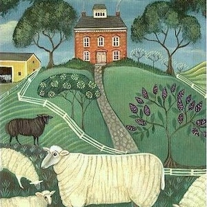 Sheep Farm - FOLK ART PRINT - Spring Landscape-primitive painting print- signed Wendy Presseisen