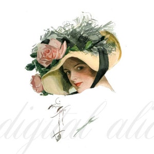 Antique GLAMOUR GIRL PRINT - Digital Download Printable Poster Wall Art - Harrison Fisher - a Christmas Rose- Instant Download