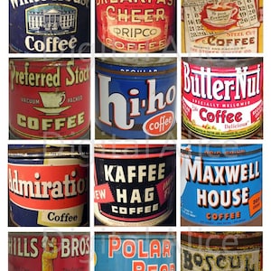 Vintage TIN COFFEE CANS squares -Instant Download Digital Printable-  - 12 cans - Old Coffee Tins DiY Print as many as you like