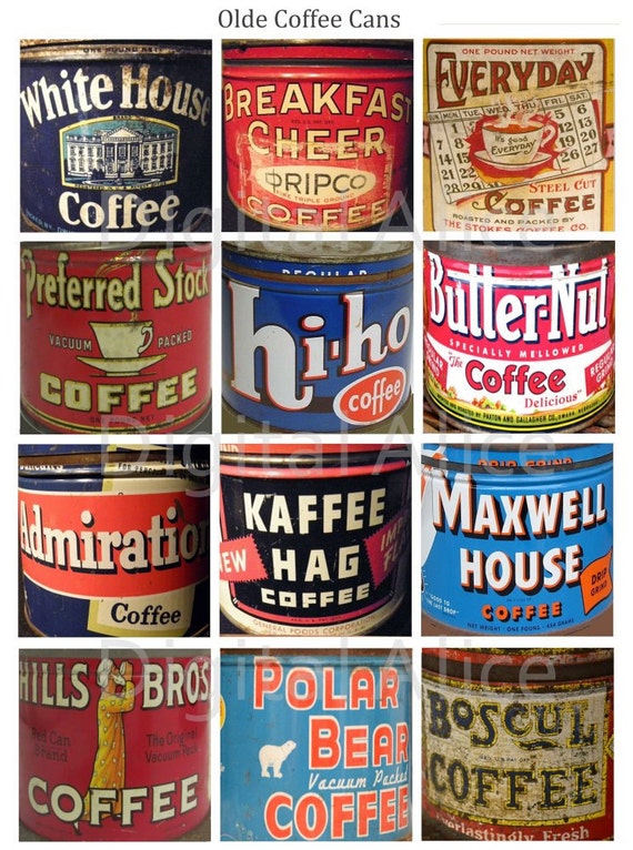 Vintage TIN COFFEE CANS Squares instant Download Digital Printable 12 Cans  Old Coffee Tins Diy Print as Many as You Like 