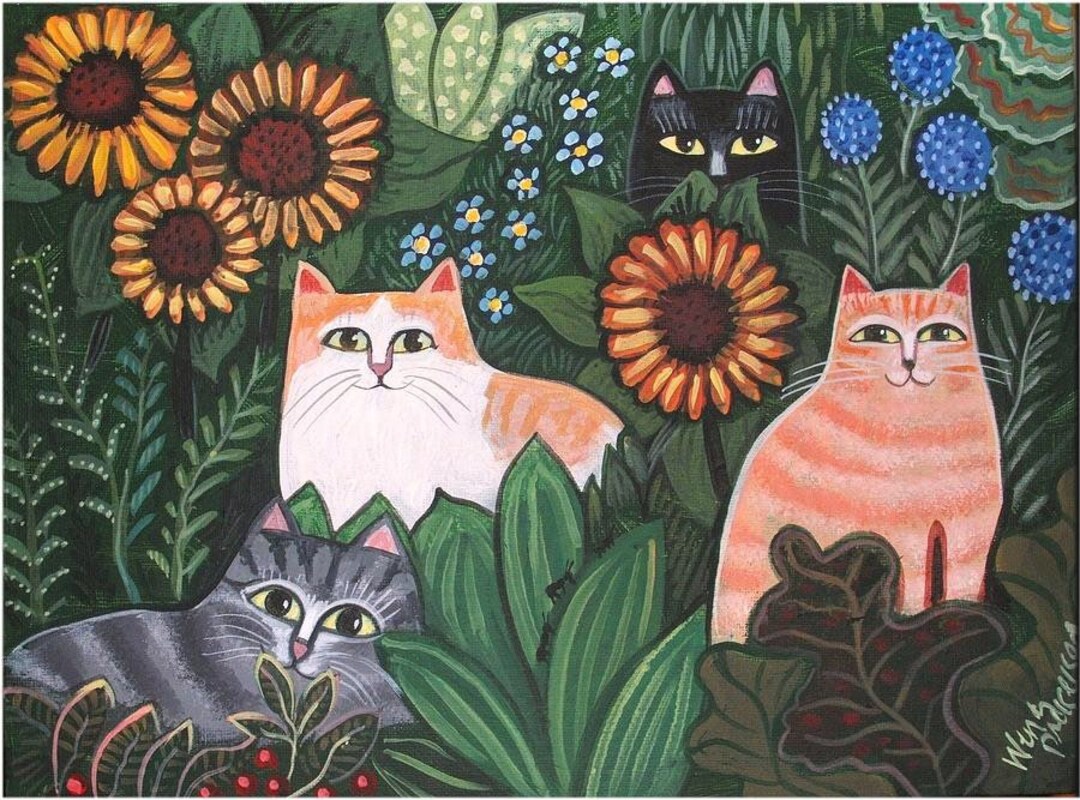 Cat FOLK ART PRINT Cats in the Garden Primitive Painting Print Signed Wendy  Presseisen 
