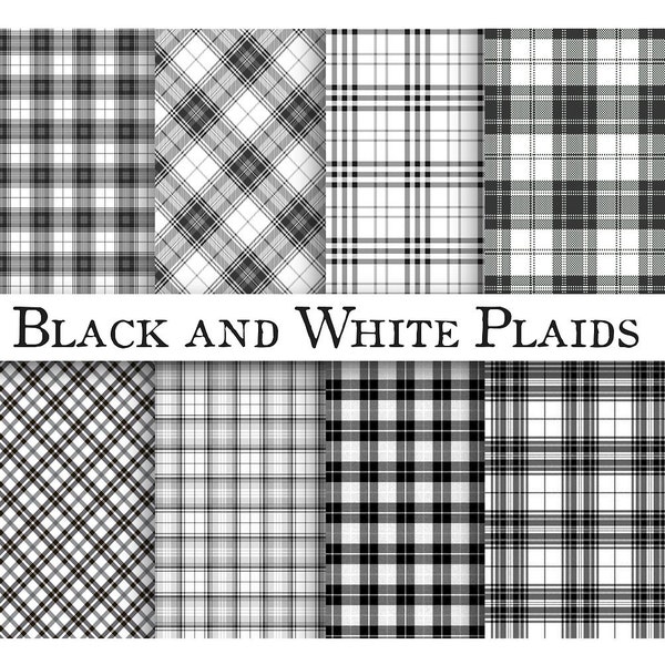 Black and White PLAID PATTERNS- Digital Paper Pack - 8 Black Checked  Plaid Checker Printable Papers,Instant Download Digital