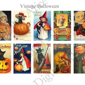 VINTAGE HALLOWEEN POSTCARDS 3x1 inch -Instant Download Digital Printable-  - 10 vintage cards - DiY Print as many as you like