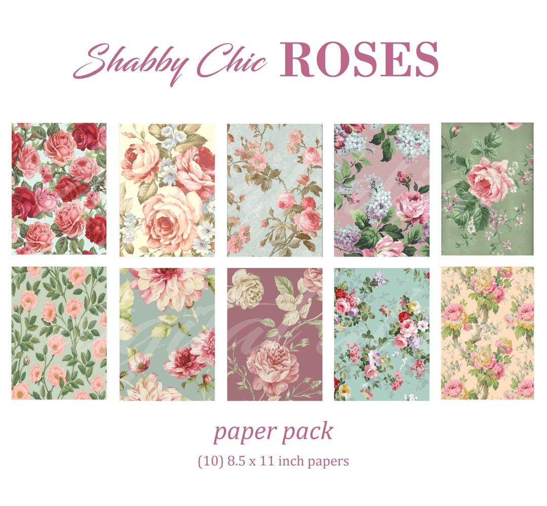 SHABBY CHIC ROSES Paper Pack- Digital Papers - 10 Vintage Cabbage Rose ...