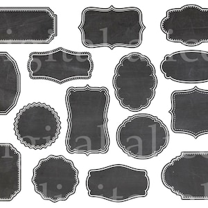 May include: A collection of chalkboard-style labels in various shapes, including rectangles, ovals, and scalloped edges. Each label has a dark gray background with a white border, creating a classic, vintage aesthetic. Ideal for crafting and event decor.