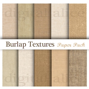 Peut inclure: Un ensemble de 10 textures de papier num&eacute;rique repr&eacute;sentant diff&eacute;rentes nuances de toile de jute brune. Le pack de papier est intitul&eacute; "Burlap Textures Paper Pack".