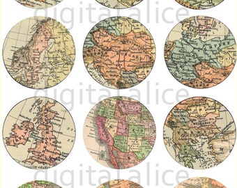 WORLD MAP Craft Circles  -Instant Download Digital Printable-  -Bottlecaps Collage Sheet - 3 sizes - DiY Print as many as you like