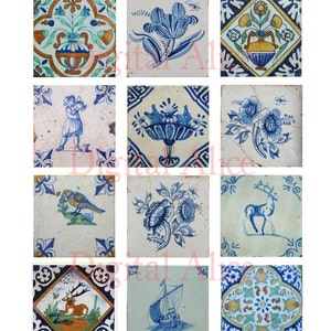 DELFT CERAMIC TILES  -Instant Download Digital Printable-  - twelve 2 in squares - DiY Print as many as you like