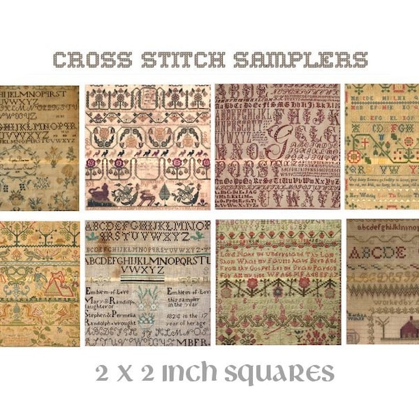 ANTIQUE SAMPLERS - Printable 2 x 2 inch squares -8 Vintage AbC Cross Stitch Sampler Printable Papers,Instant Download Digital- Paper crafts