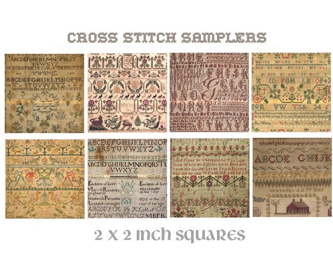 ANTIQUE SAMPLERS Printable 2 X 2 Inch Squares 8 Vintage Abc Cross ...