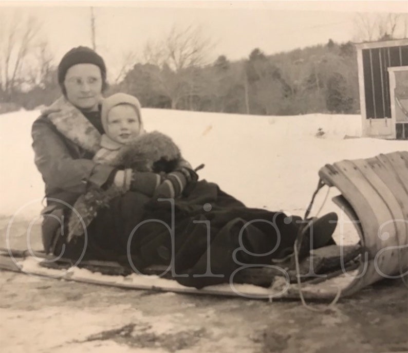 cute vintage SNAPSHOT Photograph OLD PHOTO cute 1930/'s mom and baby on Toboggan Sled Free Shipping 4.25 X 2.75 in