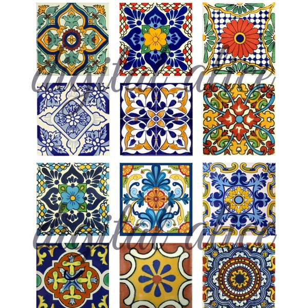 SPANISH TILES Painted Tile - Instant Download Paper Crafts collage sheet - Ceramic Tiles 1 and 2 inch craft squares