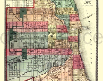 Vintage CHICAGO MAP - Old Map 1875 Chicago Illinois -  Instant Download Digital Printable Map