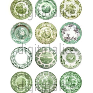 ANTIQUE GREEN TrANSFER PLATES Craft Circles  -Instant Download Digital Printable-  -Bottlecaps Collage Sheet - 4 sizes - Red Transferware