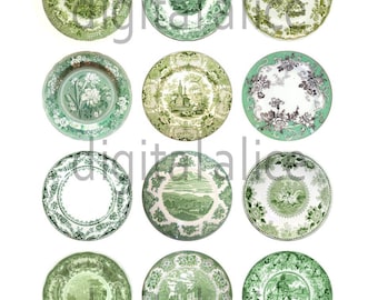 ANTIQUE GREEN TrANSFER PLATES Craft Circles  -Instant Download Digital Printable-  -Bottlecaps Collage Sheet - 4 sizes - Red Transferware