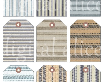 HOMESPUN STRIPED TICKING Tags-  9 Digital Download Hang tags -  Vintage Burlap Texture Primitive Country  printable paper crafts  - DiY