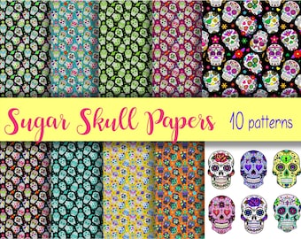 SUGAR SKULLS Digital Paper Pack - 10  Papers  -Instant Download Digital Printable Papers  - Halloween Day of the Dead