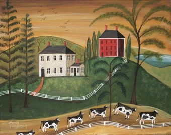 Country FOLK ART PRINT - Jesienny Pejzaż-prymitywny druk malarski- Przytulny kraj- podpisany Wendy Presseisen