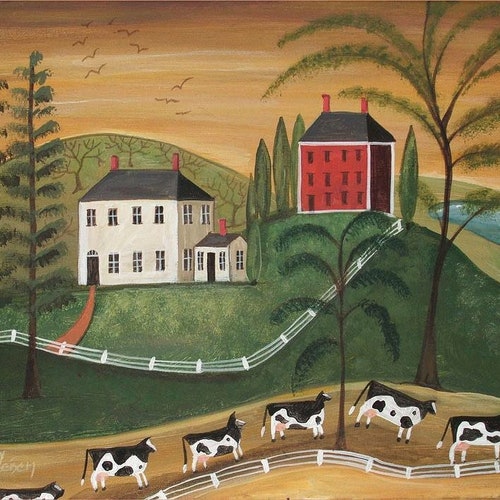 Country FOLK ART PRINT - Autumn Landscape-primitive painting print- Cozy Country- signed Wendy Presseisen