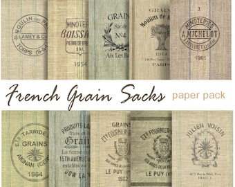 FRENCH GRAIN SACKS digital printable papers - 10 burlap feed sacks Instant Download Digital Printable French Paris Writing Paper