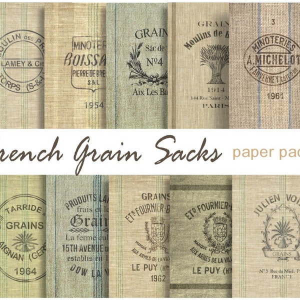 FRENCH GRAIN SACKS digital printable papers - 10 burlap feed sacks Instant Download Digital Printable French Paris Writing Paper