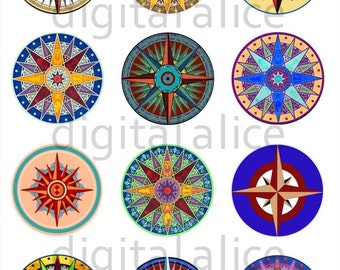 COMPASS ROSE Craft Circles - Nautical Navigation Circles Download - Instant Printable Stickers, Bottlecaps 1,2 in,12,16,30mm