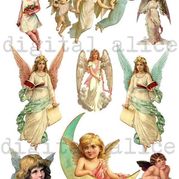 Vintage VICTORIAN ANGELS Collage Sheet- Instant Download Digital Printable- German Scrap for ornaments,paper crafts, stickers,tags and more