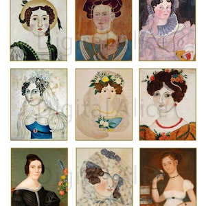 May include: Nine vintage portraits of women in various poses and clothing. The women are wearing different hairstyles, hats, and jewelry. The portraits are painted in a realistic style and are set against plain backgrounds.