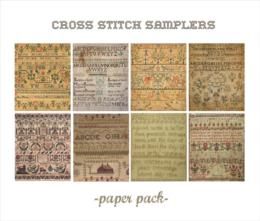 ANTIQUE SAMPLERS - Digital Paper Pack -8 Vintage Abc Cross Stitch ...