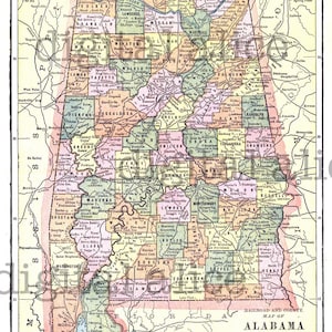 Carte colorée VINTAGE ALABAMA -Téléchargement instantané imprimable numérique- Al - Vieille carte du Sud - 8 x 10,12 x 16- Impression DiY