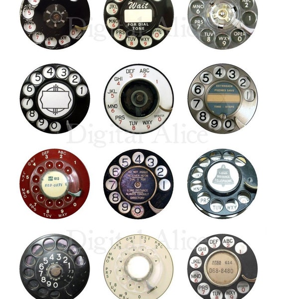 Vintage TELEPHONE DIALS  printable Craft Circles - Retro phone Industrial Steampunk - Instant Download Digital   -Bottlecaps