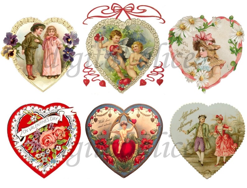 VICTORIAN VALENTINE HEARTS Instant Digital Download Antique Valentine Collage Sheet Printable Sweetheart Hearts image 1